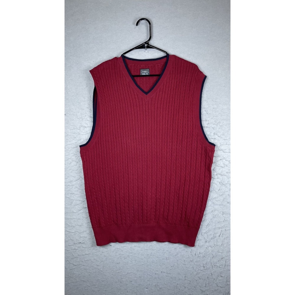 Haggar Sweater Vest Mens XL Red Cable Knit V Neck Cool 18 Cotton Golf Casual‎